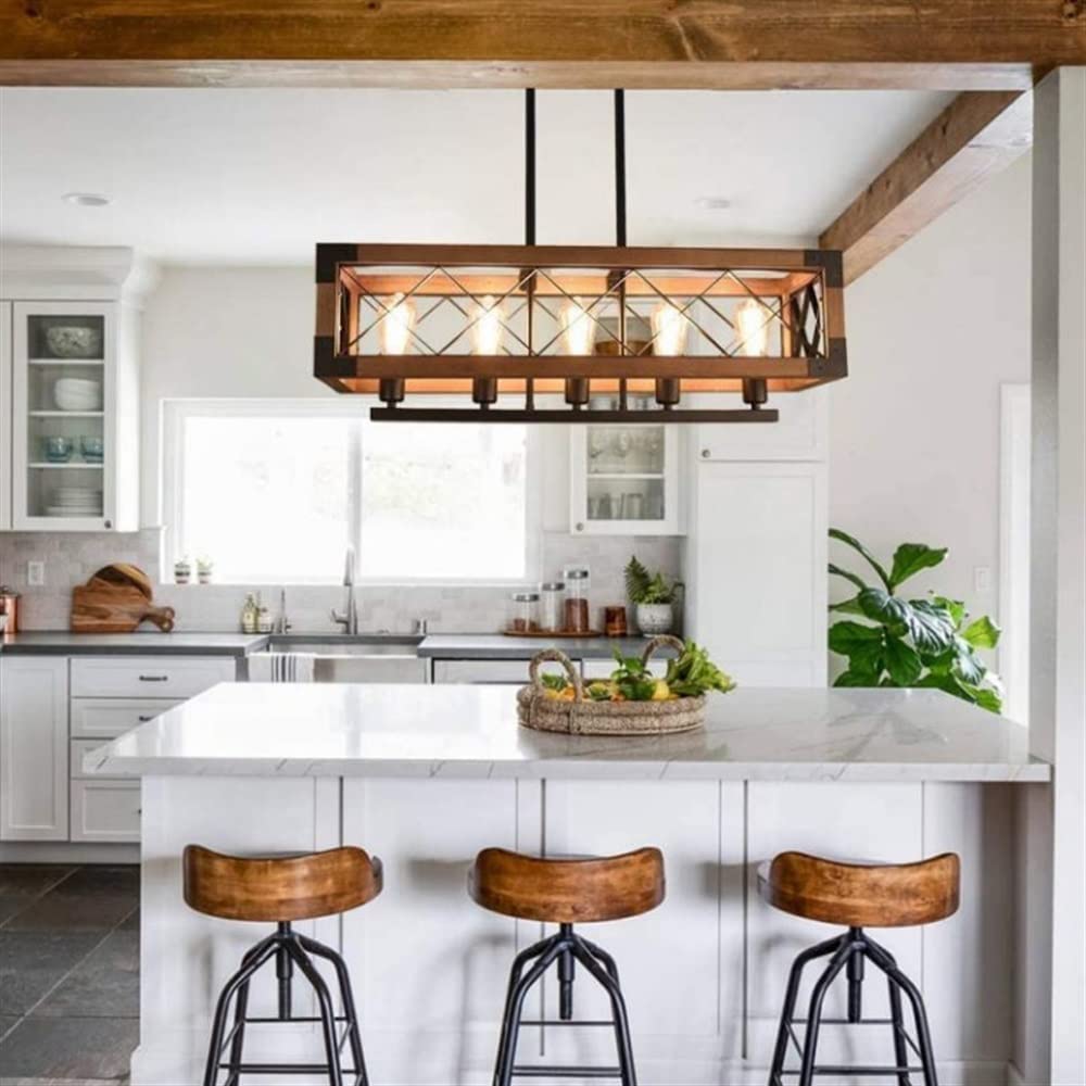 5 hts Lampadario a Sospensione da soffitto Rustico Rettangolare Stile Fattoria in Metallo e Legno per Sala da Pranzo, Ingresso, Isola Cucina, Tavolo da Biliardo, Bar Cambia Il megl