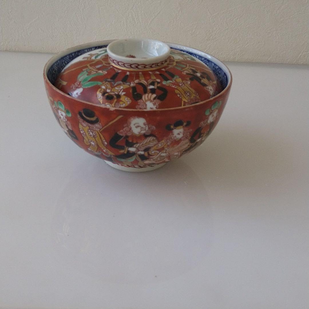 NO.14伊萬里色絵蘭人蘭船図蓋付茶碗五客