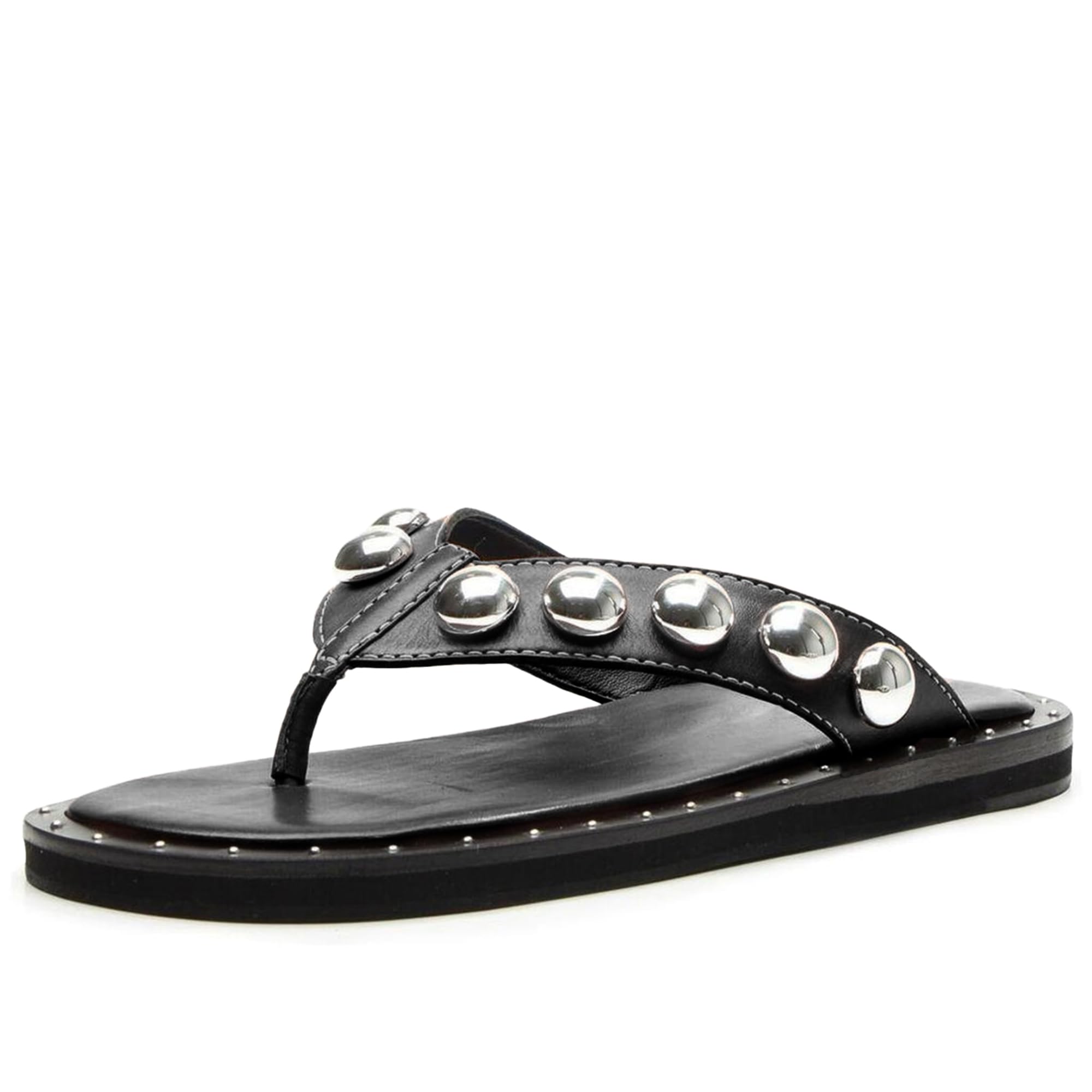 Riekhany Studded Thong Sandals for Women Round Clip Toe Slip On Flip Flops Slides Comfortable Contrast Tacked Slipper Shoes