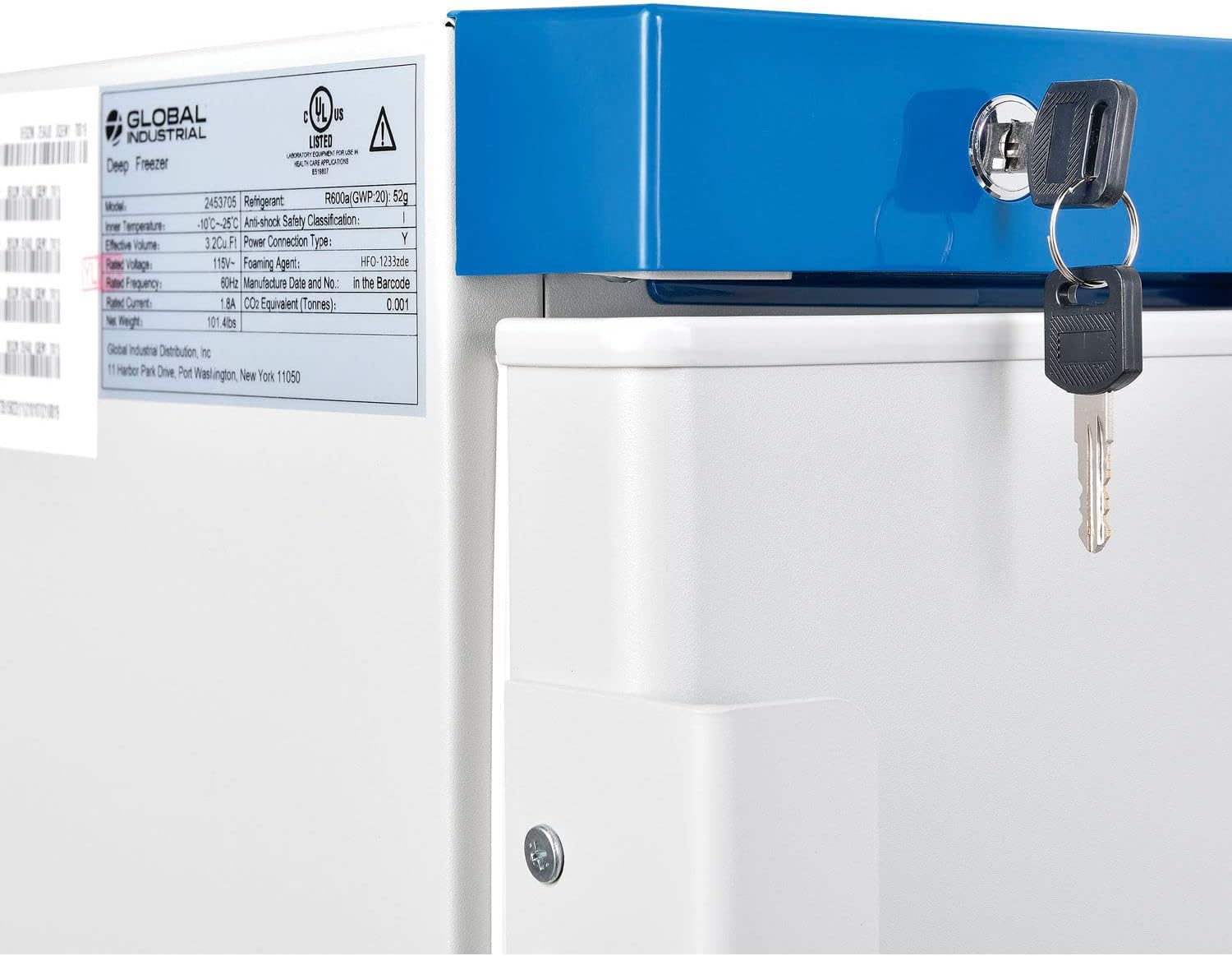 Front view of the Global Industrial Undercounter Laboratory Freezer, closed, showing the brand logo.