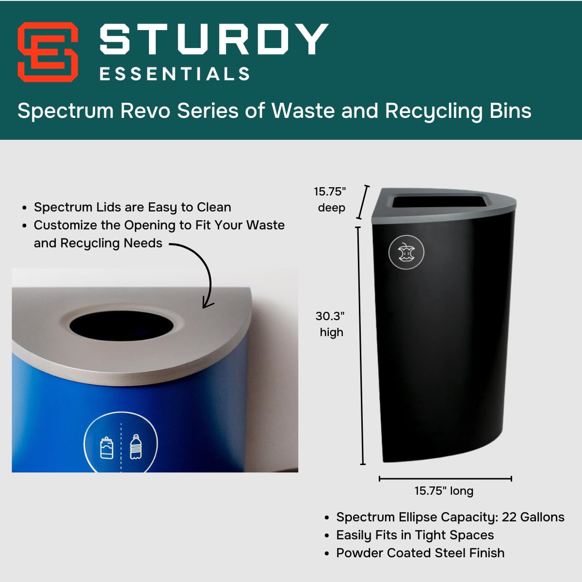 Sturdy Essentials Ellipse 22 Gallon Spectrum Powder Coated Steel Recylcing Bin Used for Commercial Spaces, Offices, Hotels, Apartments (Green, Full Opening - Organic Waste)