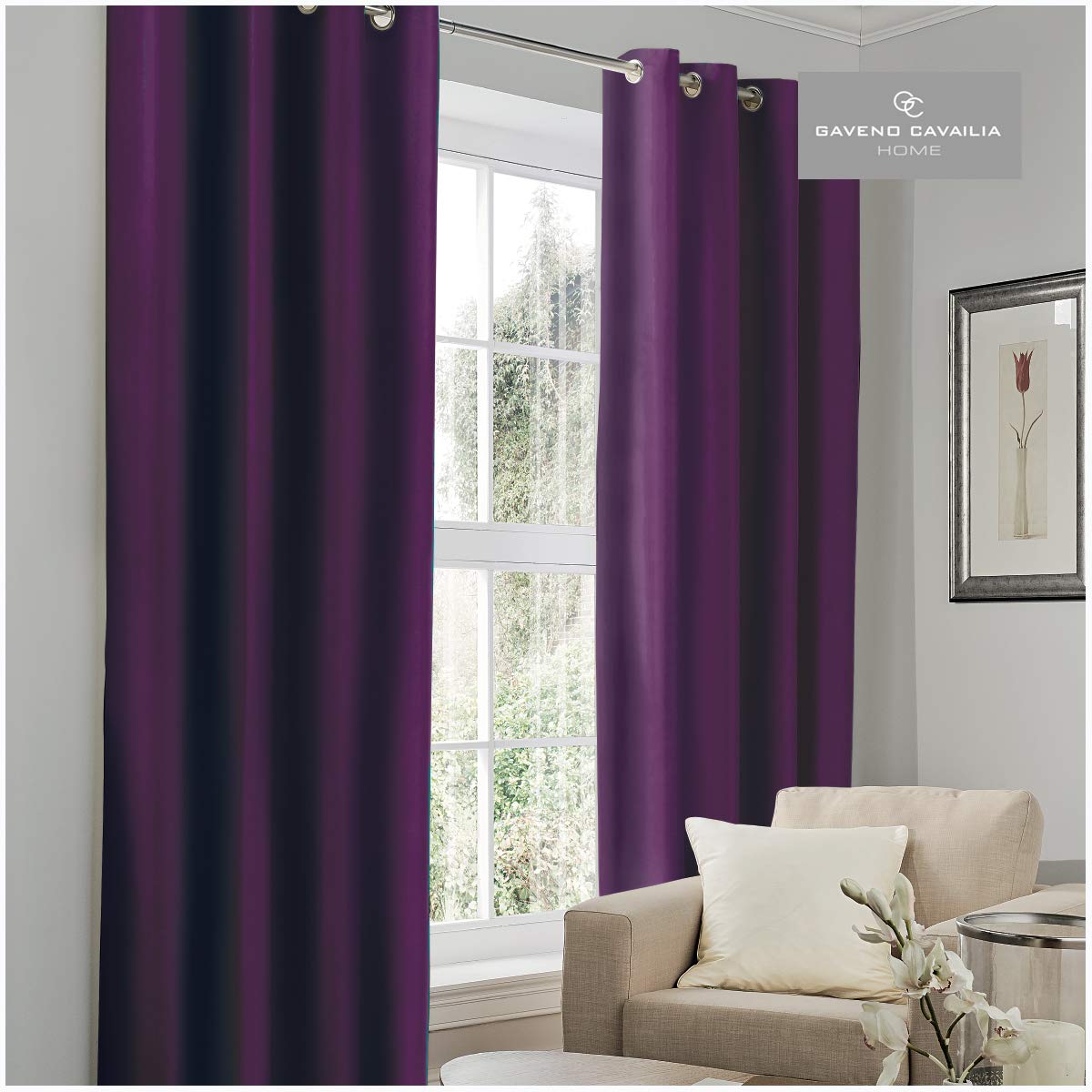 Gaveno Cavailia BlackOut Eyelet Curtains Aubergine, 100% Polyester Luxury Ring Top Drapery with Matching Tie Backs, Two 66"x72" Thermal Panels, Easy Care Window Treatment