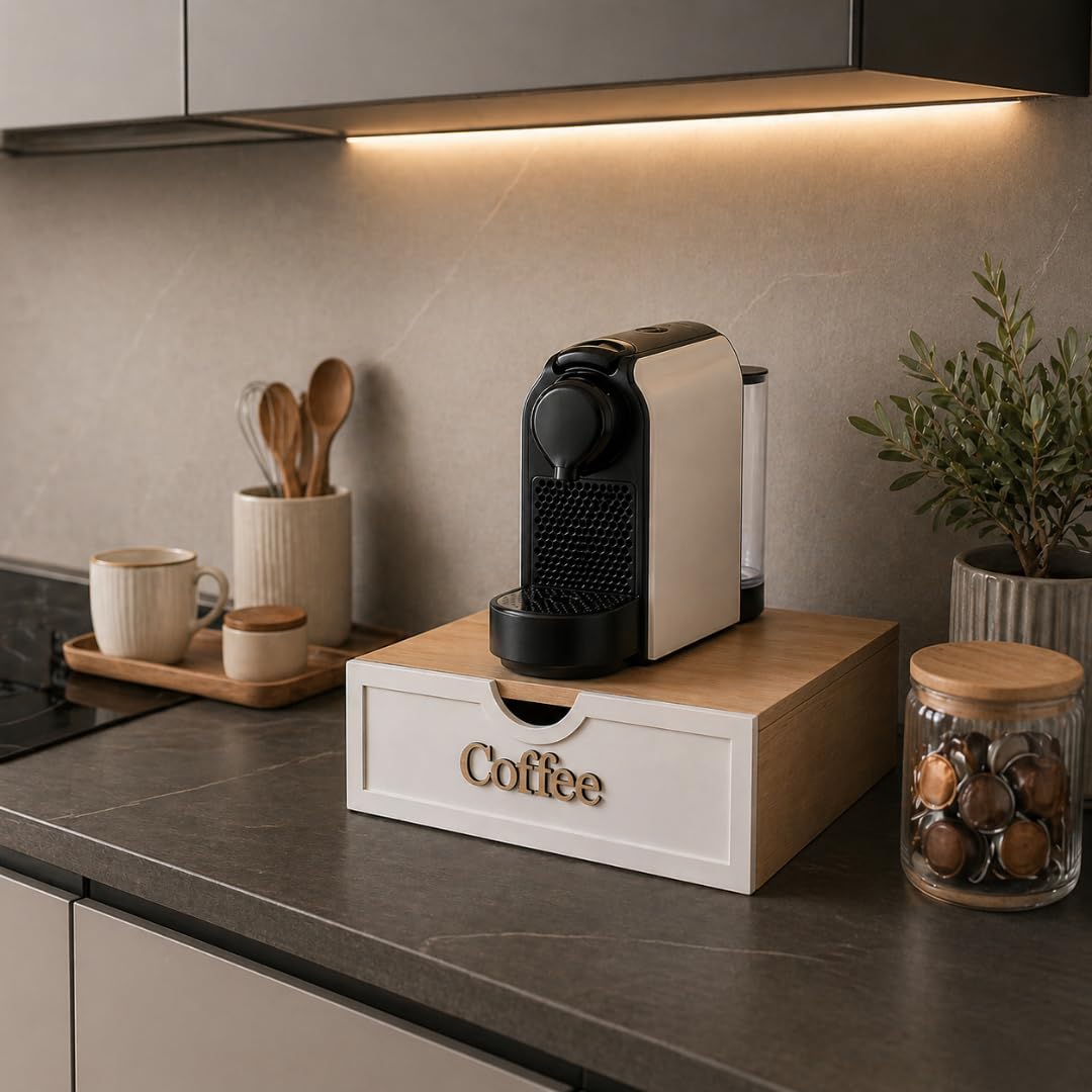 Porta Cialde Bianco Coffee con Cassetto e Ripiano Resistente - In legno – Organizer Classico per Cialde, Capsule e Tisane A 3 Scomparti – Porta Capsule Caffè – Ideale per Cucina, Ufficio, B&B (coffee)