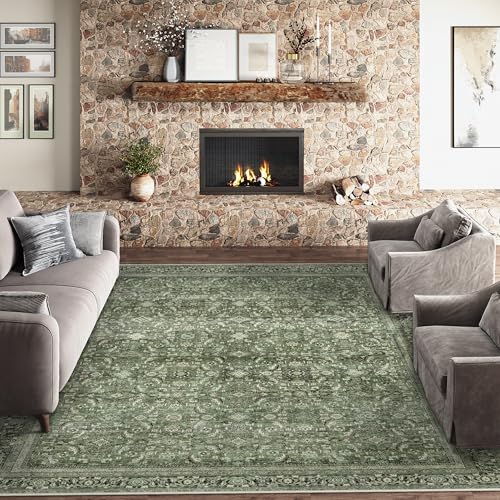 9x12 Washable Area Rug Dark Green Vintage Distressed Living Room Bedroom Large Throw Rug Non Slip Low Pile Soft Accent Indoor Floor Carpet for Dining Room Office Entryway Kitchen