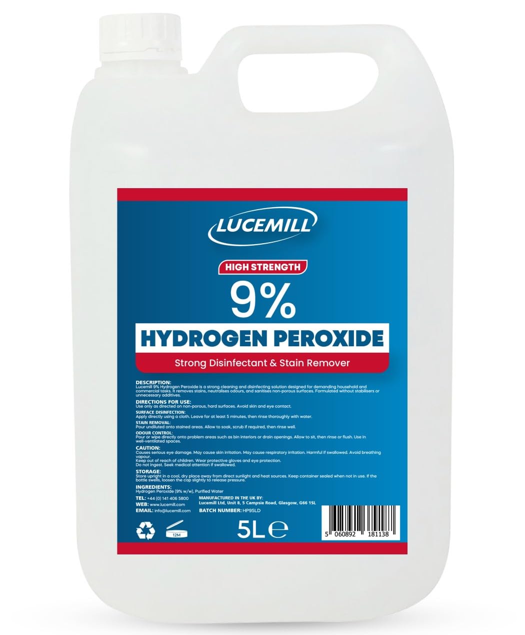 Lucemill Hydrogen Peroxide 9% Food Grade I 5 Litre I Liquid Hydrogen Peroxide Food Grade I Unstabilised I Eco Friendly I Additive Free