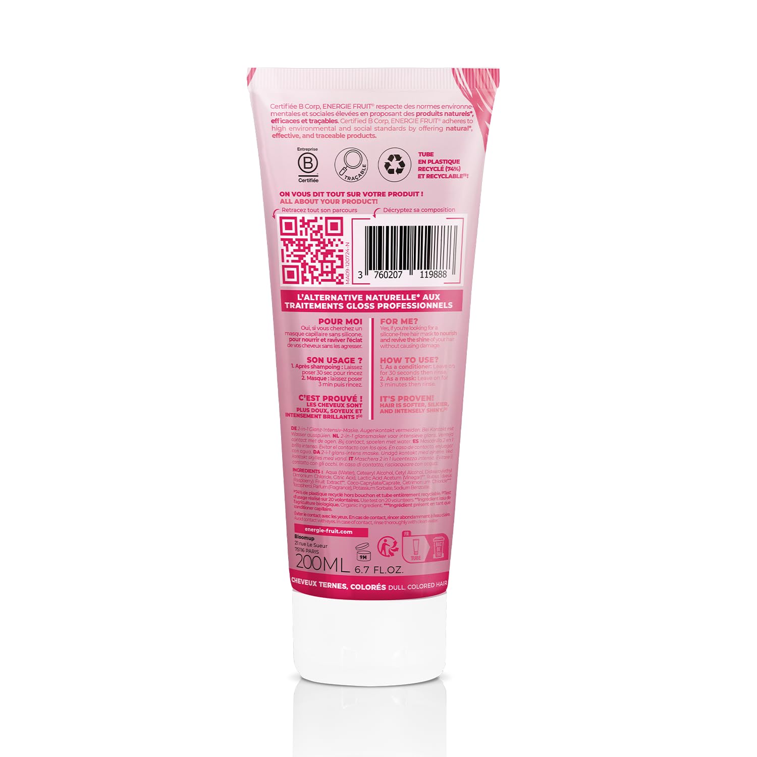 ENERGIE FRUIT Gloss Cherry - Masque 2 en 1 Après-Shampoing Brillance Intense sans silicone - Cheveux ternes en manque d'éclat - 200 ml