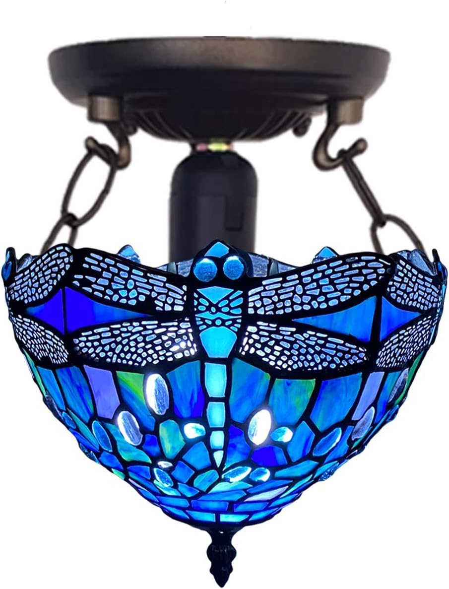 TIFFORA Tiffany Style Ceiling Lamps Stained Glass Antique Design Handcrafted Lamp Shades Ceiling Light for Living Room Bedroom Lounge (TF(C)-1007)