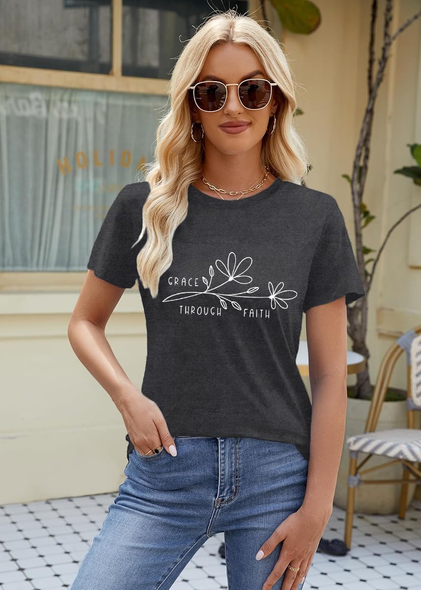 Womens Christian Shirt Christ Faith T-Shirts Bible Verse by Grace Through Faith Tee Tops - Image 4
