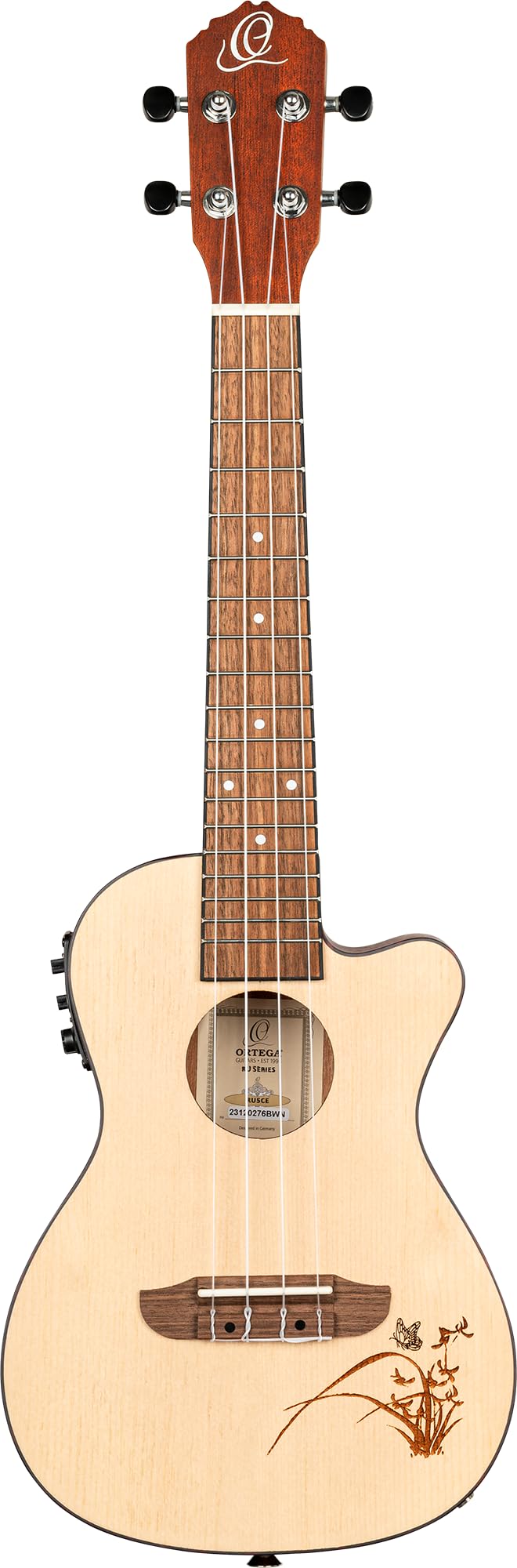 Ortega Guitars Konzert Ukulele Elektro-Akustisch – Bonfire Series – mit Cutaway – Fichte, Sapele, Natur (RU5CE)