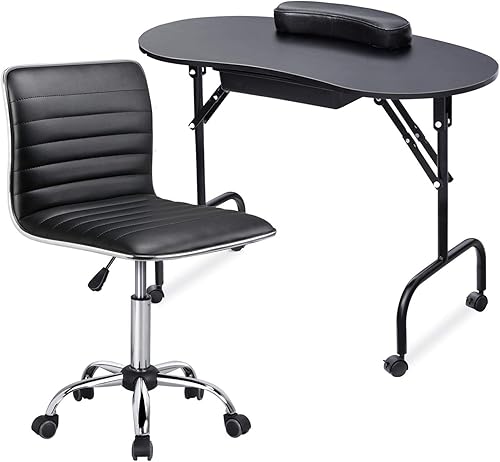 Miniatura 10 de Yaheetech Mesa de manicura plegable de 37 pulgadas, estación de trabajo con funda de transporte, ruedas para spa, salón de belleza y sillas de