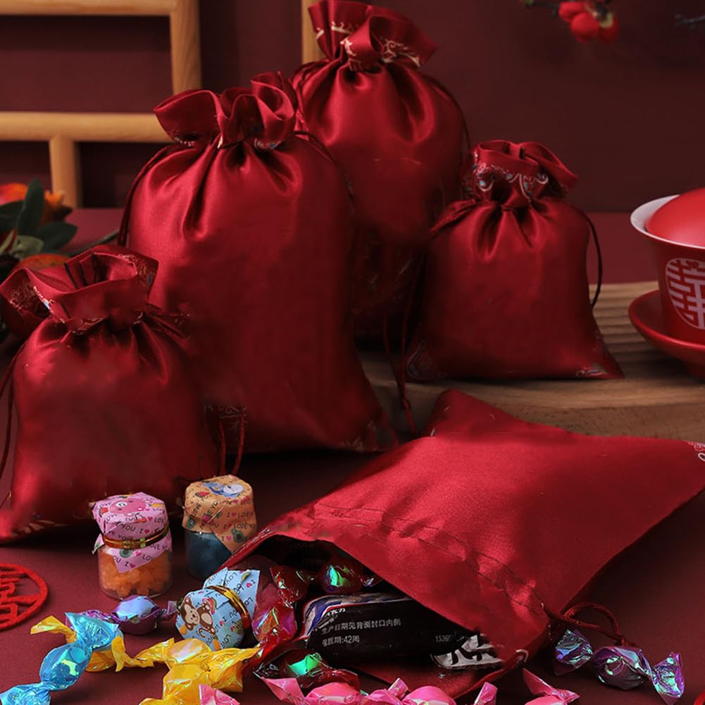 50pcs 13×18cm Geschenktüten mit Kordelzug und Blumen, Satin Schmuckbeutel Geschenkbeutel Aufbewahrungsbeutel für Hochzeit Babydusche Weihnachten Party Schmuck Süßigkeiten Weiß