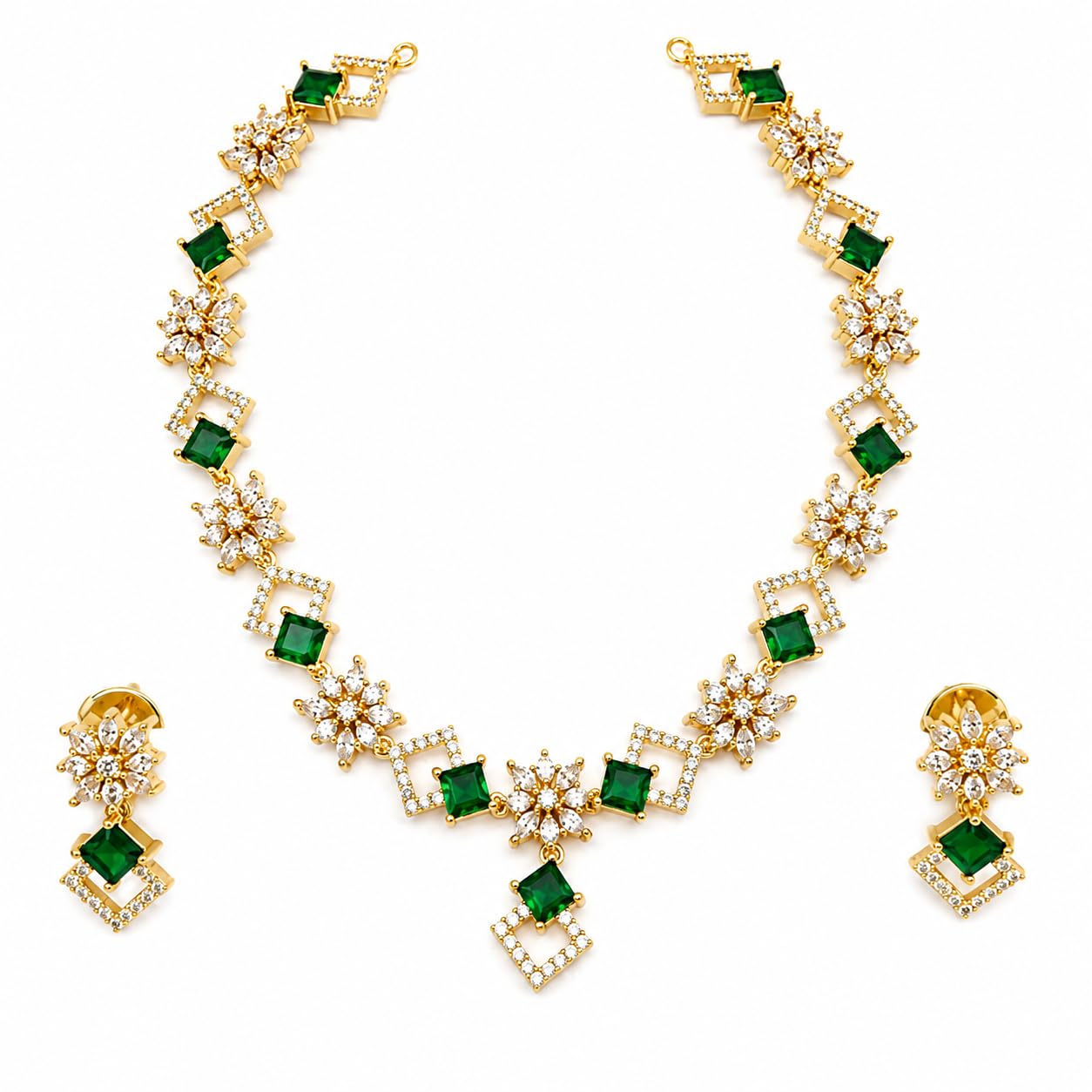 Gold-Tone CZ Ruby Necklace and Earrings Set for Women | Teardrop Pendant with Square Stone Design | Bridal Jewellery for Wedding-image-28
