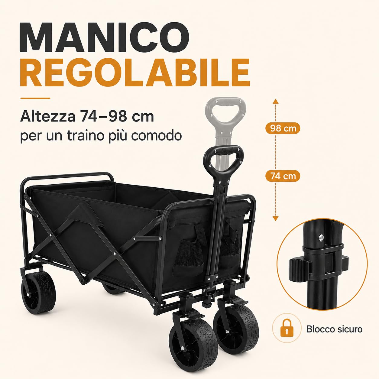 Carrello pieghevole, 115 kg, con due freni anteriori e tasche laterali