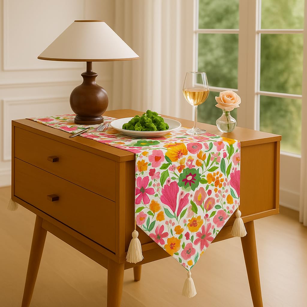 WWW.THROWPILLOW.IN Pink Floral BloomTassel Bedside Table Runner 13x26 Inches | Fits Perfectly on 1.5 Feet Long Nightstand, Bed Table, Bedroom Side Table, Bedside Cabinet | Diwali Decor