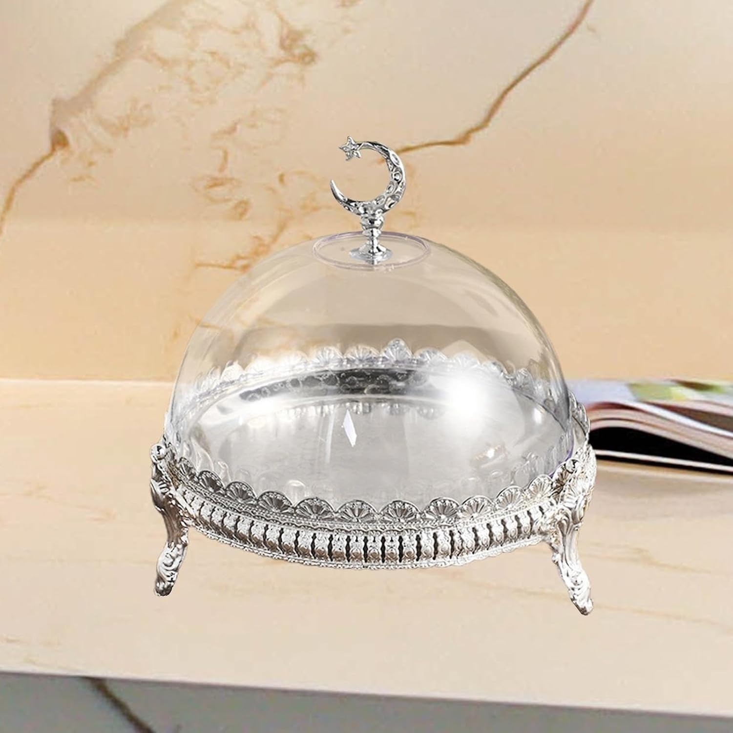 Présentoir à Gâteau avec Couvercle Plateau à Cookies Décoratif Plat de Service pour Fêtes Mariage Anniversaire Événements Festifs, Silver