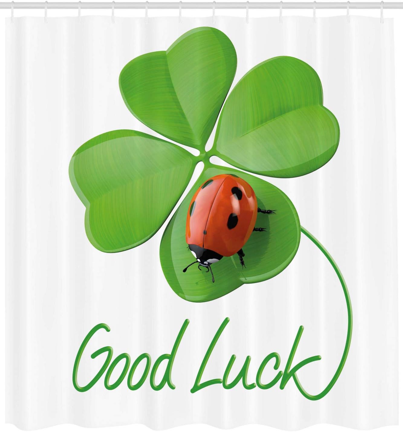 Ambesonne Going Away Party Shower Curtain, Lucky 4 Leaf Clover with Ladybug Irish Charm Luck, Cloth Fabric Bathroom Decor Set with Hooks, 69" W x 70" L, Green Red Black