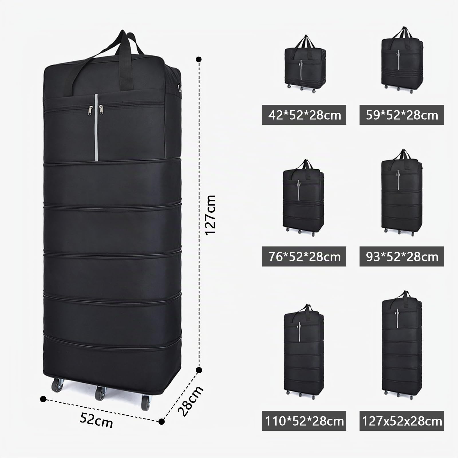 Bolsa de Viaje con Ruedas 185L Plegable Extragrande, 127 cm x 52 cm x 28 cm