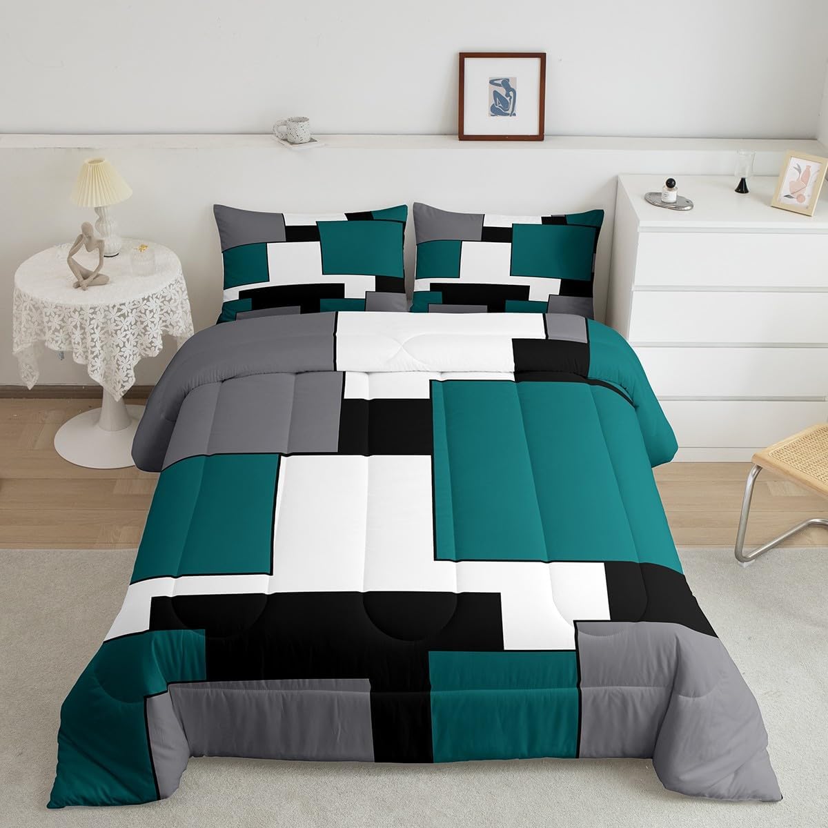 Erosebridal Grey White Indigo Black Comforter Set,Geometric Square Bedding Set for Kids Boys Girls All Season,Modern Grid Down Comforter Queen,Teens Simple Style Stripes Quilted Duvet Warm