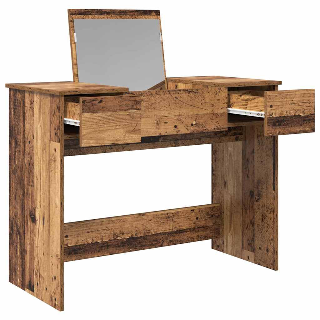 Kosmetiktisch Altholz mit 2 Schubladen und Spiegel 100 x 45 x 76 cm, Schminktisch mit Stauraum für Schlafzimmer, Ankleidezimmer, Makeup und Styling