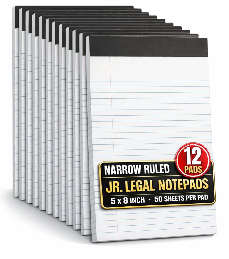 1InTheOffice Jr Legal Pads,Small Legal Notepads, 5" x 8", Narrow Ruled Note Pad, White, 50 Sheets/Pad, 12 Pads/Pack