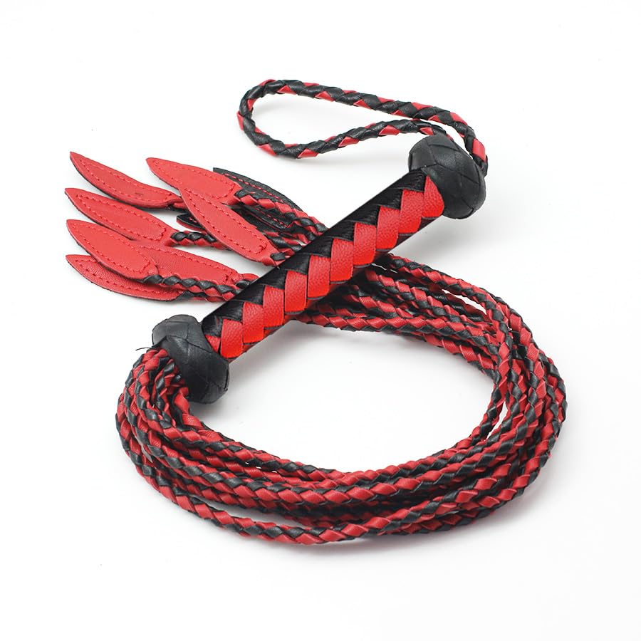 Handwoven Genuine Leather Cat-O'-Nine-Tails Whip | 60cm Total Length with Willow-Leaf Tail | 15cm Hangable Premium Equestrian Whip | Dual Use for Training & Collectors (Red Black)