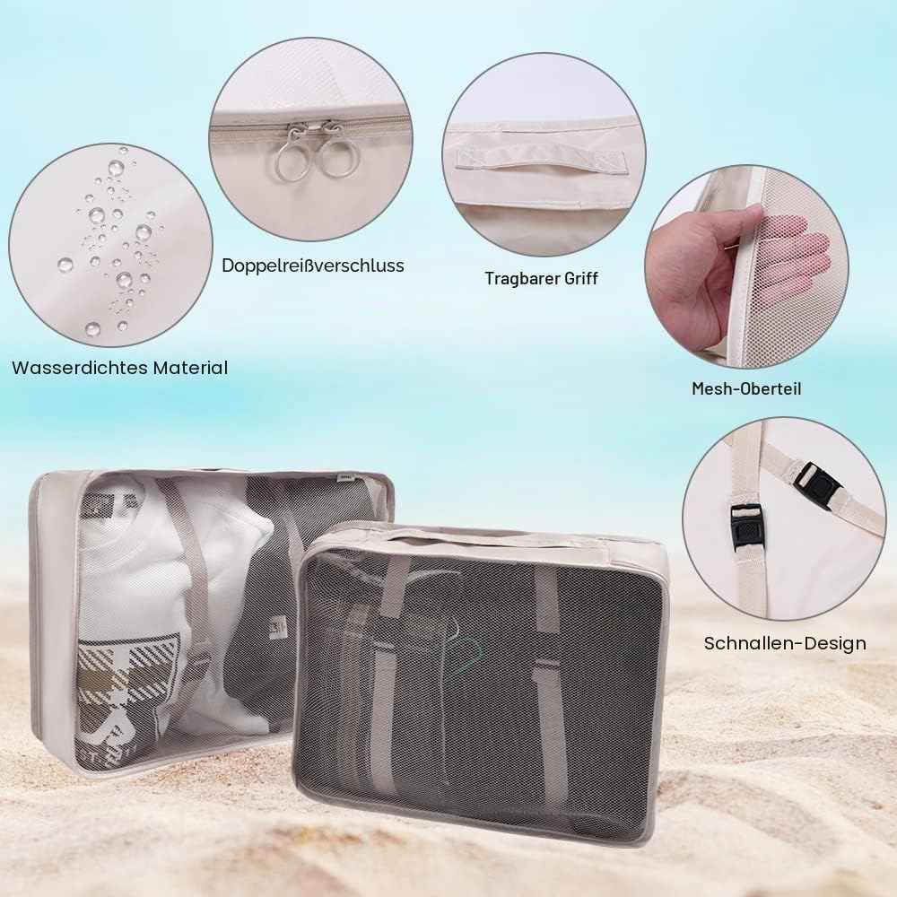 OSDUE Koffer Organizer Set 8-teilig, Packing Cubes, Wasserdichte Reise Kleidertaschen, Packtaschen für koffer, Verpackungswürfel mit Kosmetiktasche, Schuhbeutel, USB Kabel Tasche (Beige)