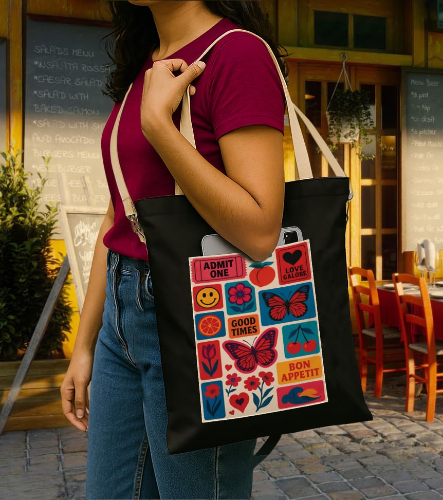 Image of ZORI Black Sling Tote Bag With Pocket and with Beige Straps, Tote Bags For Women large capacity,Tote bag For Shopping, College, Travel, More Canvas Handbag For Unisex