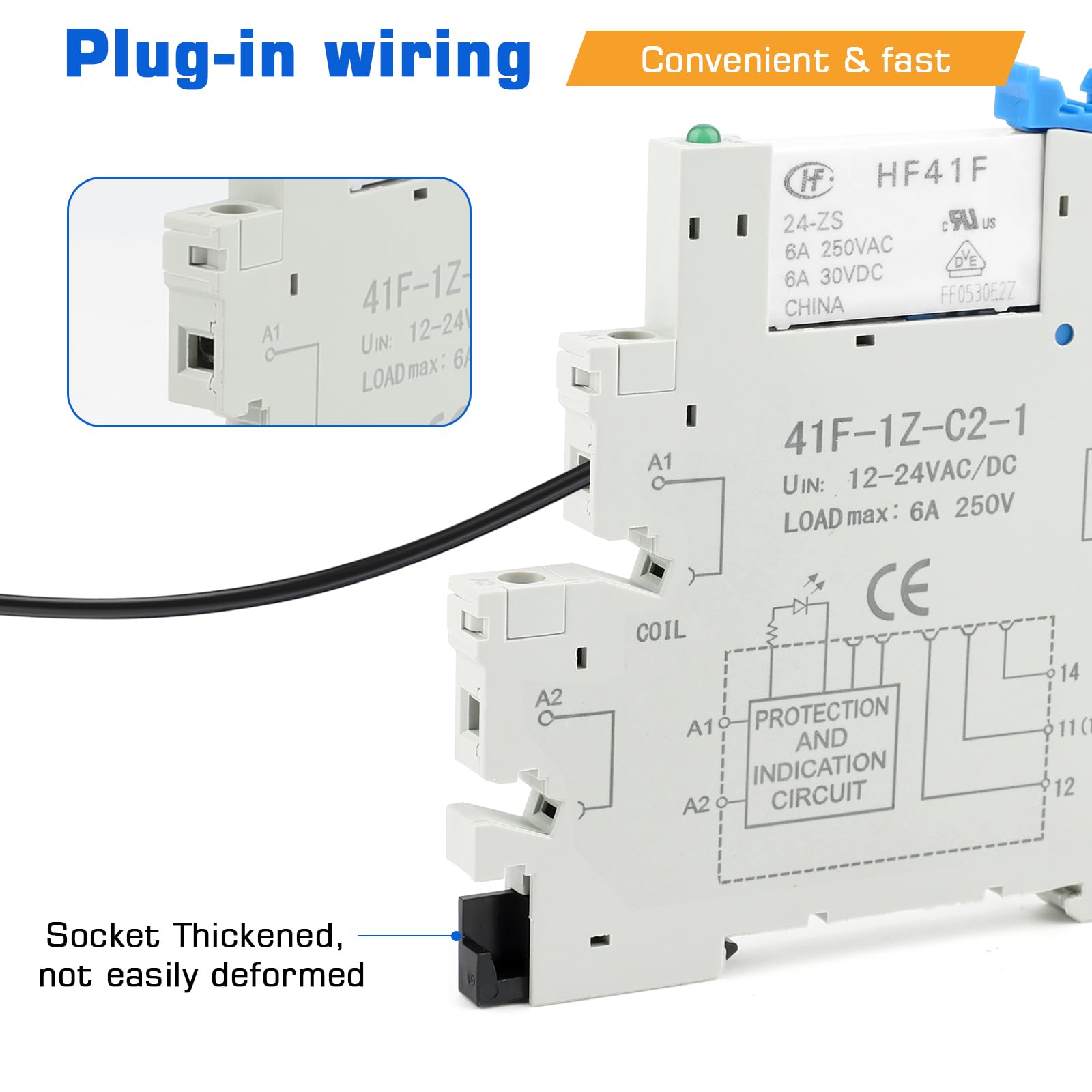 Relé de Señal DIN de 24V para PLC, HF41F/24-ZS, 5 pines, 1 NO, 1 NC, 6 A SPDT con Indicador LED, Relé de 24V CC, máx 6A, 250V CA/30V CC(10pcs)
