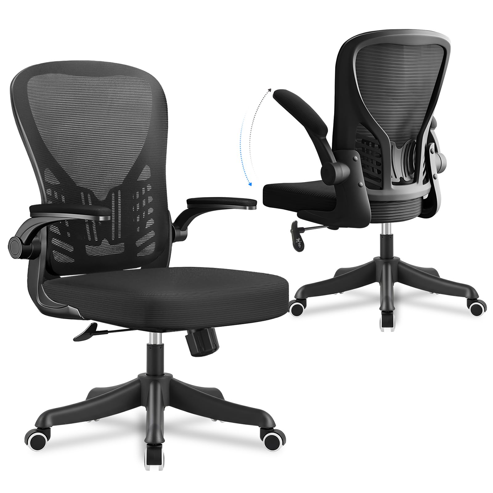 Silla de Oficina Ergonómica con Soporte Lumbar Regulable, Brazos Abatibles 90°, Tapicería de Malla Transpirable, Negro