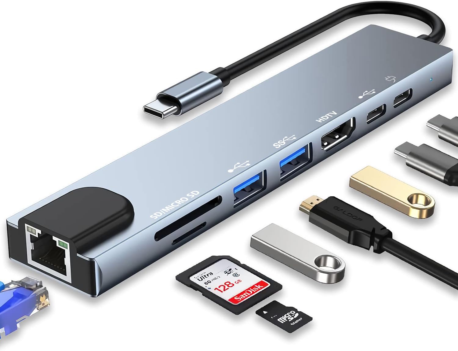 USB C Hub, 8 in 1 Type-C Multi-port Hub with 4K HDMI, PD Power Delivery, USB-C, Ethernet, 2 USB, SD/TF Card Reader Compatible with Mac Book Pro, ThinkPad,XPS Mobile Phones and More Type C Devices