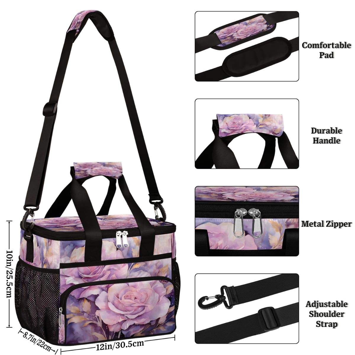 Beautiful Floral Insulated Picnic Backpack Lunch Box for Women Men Picnic Basket Tote Lunch Bag Picnic Bag Portable Lunch Bags for Picnic, Beach, Work, Trip,Office, Camp Pinks Rose
