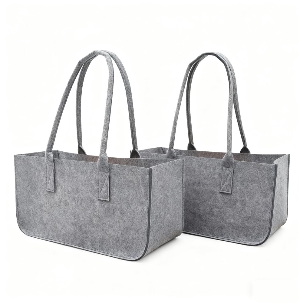 2 Pcs Felt Shopping Bag,Foldable Reusable Storage Basket,Felt Storage Bag for Toys,Books,Clothes,Firewoods,Laundry,Shopper,Travel,Picnic (Grey,S-35x21x21cm)