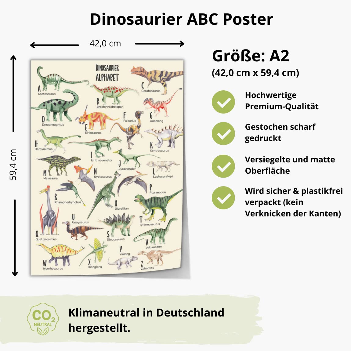 MeinBaby123® ABC Dino plakat do pokoju dziecięcego DIN A2 | plakat z dinozaurem, alfabet, plakat edukacyjny, obrazy do pokoju dziecięcego dla chłopców, dekoracja dinozaura do pokoju dziecięcego