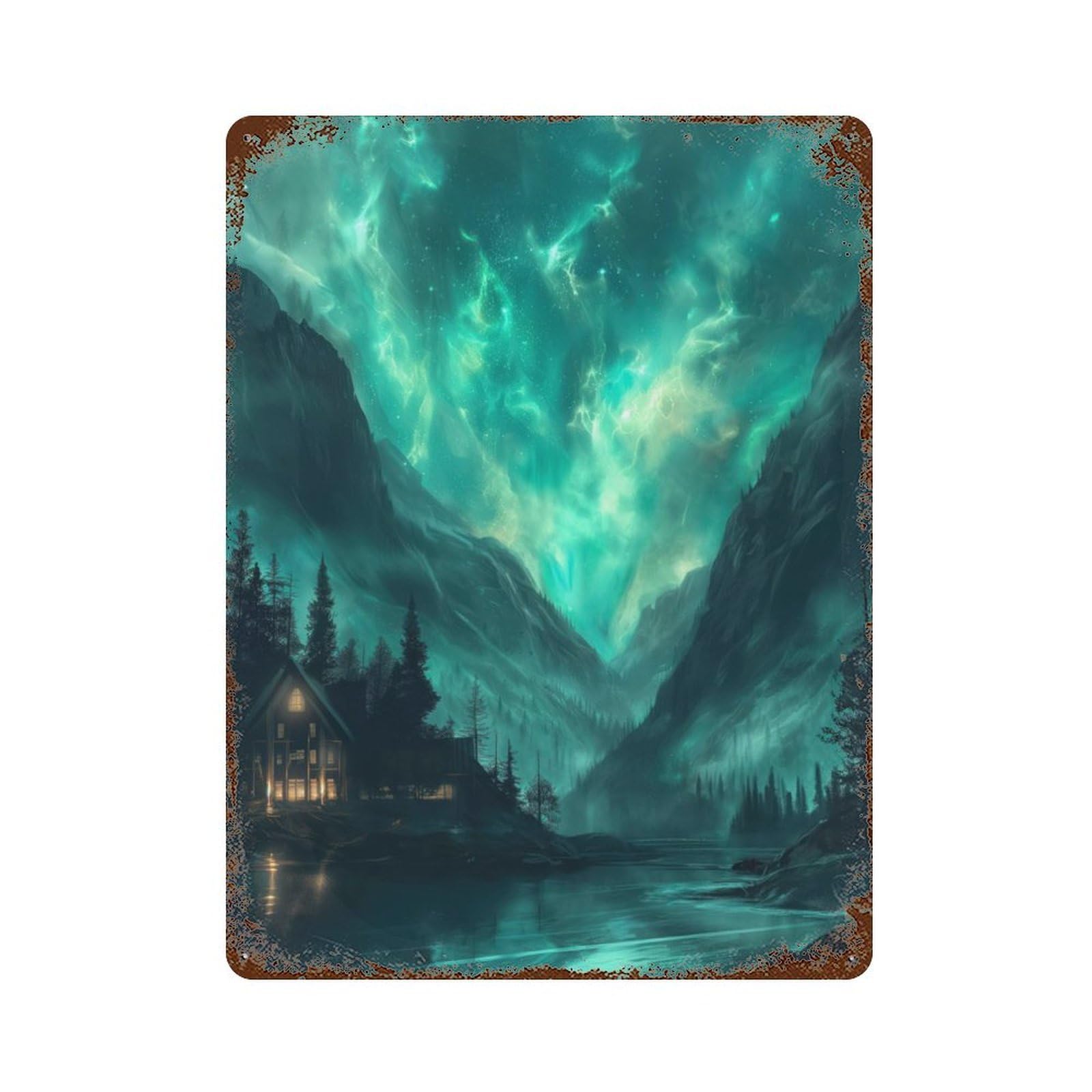 Garage Style Nordic Nature Aurora Rust Effect Tin Sign 15.7"x11.8", Industrial Home Decor for Bar And Workshop
