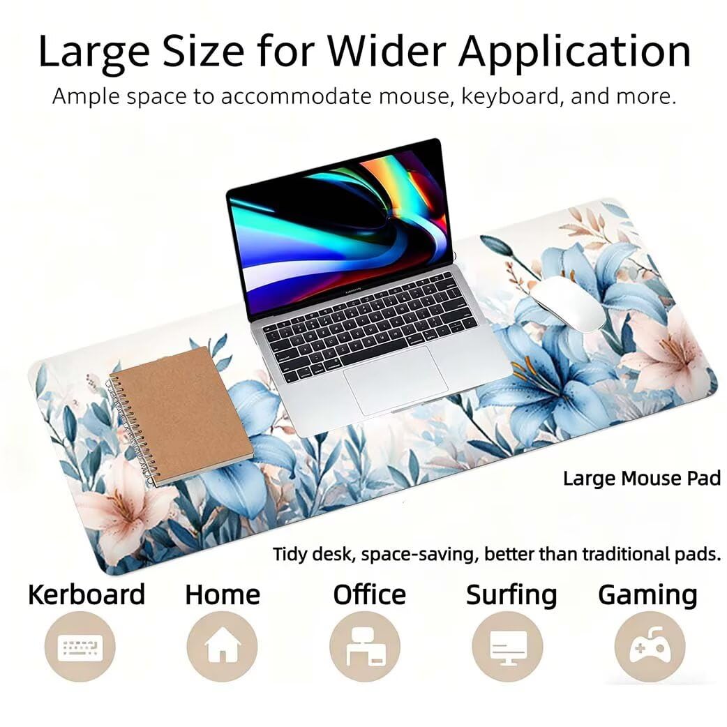 Lpfieonn Blume Großes Schreibtischunterlage, XXL Schreibtischunterlagen, Weiß XXL Wasserdicht Gaming Mousepad mit Vernähter Rand und Rutschfeste Gummibasis, für Laptop/Hause/Büro 120x60cm PF-1637