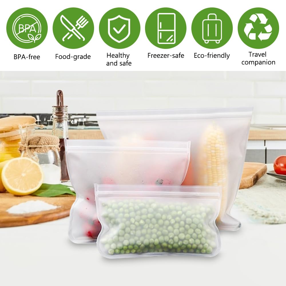 10 Pièces Sac de Congélation Réutilisable, Sacs Alimentaires de Rangement PEVA, Reusable Freezer Bags, Rangement Alimentaire en Silicone, Alimentaires étanches pour Ranger Légumes, Fruits, Collations