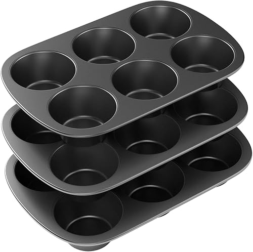 3-Pack Non-Stick Muffin Pan (6-Cup) – Carbon Steel Cupcake Tray & Baking Tin – Easy Release Moulds for Muffins, Cupcakes, Yorkshire Puddings & Mini Tarts