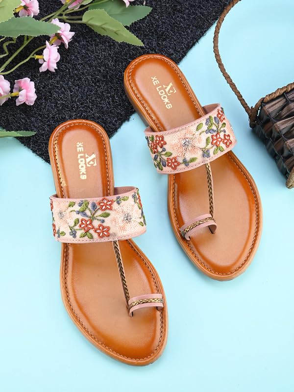 Image of XE Looks Women's Embroidered Toe-Ring Flats | Elegant Floral Strap Design with Cushioned Footbed | Stylish & Comfortable Ethnic Sandals for Girls & Women