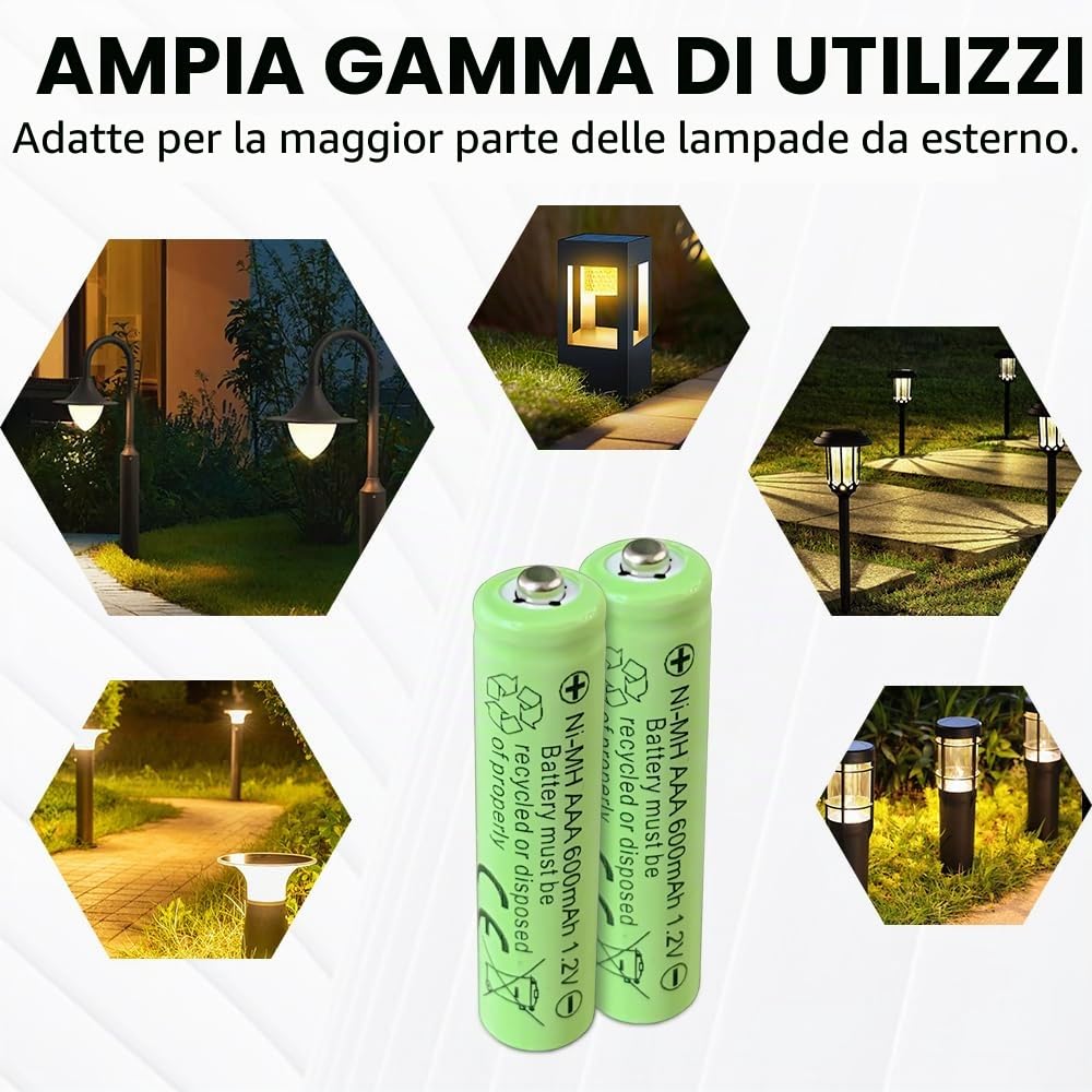 Batterie ricaricabili Ni-MH AAA, 1,2 V, capacità 600 mAh, ad alta capacità, adatte per più telecomandi/luci notturne solari, confezione da 8