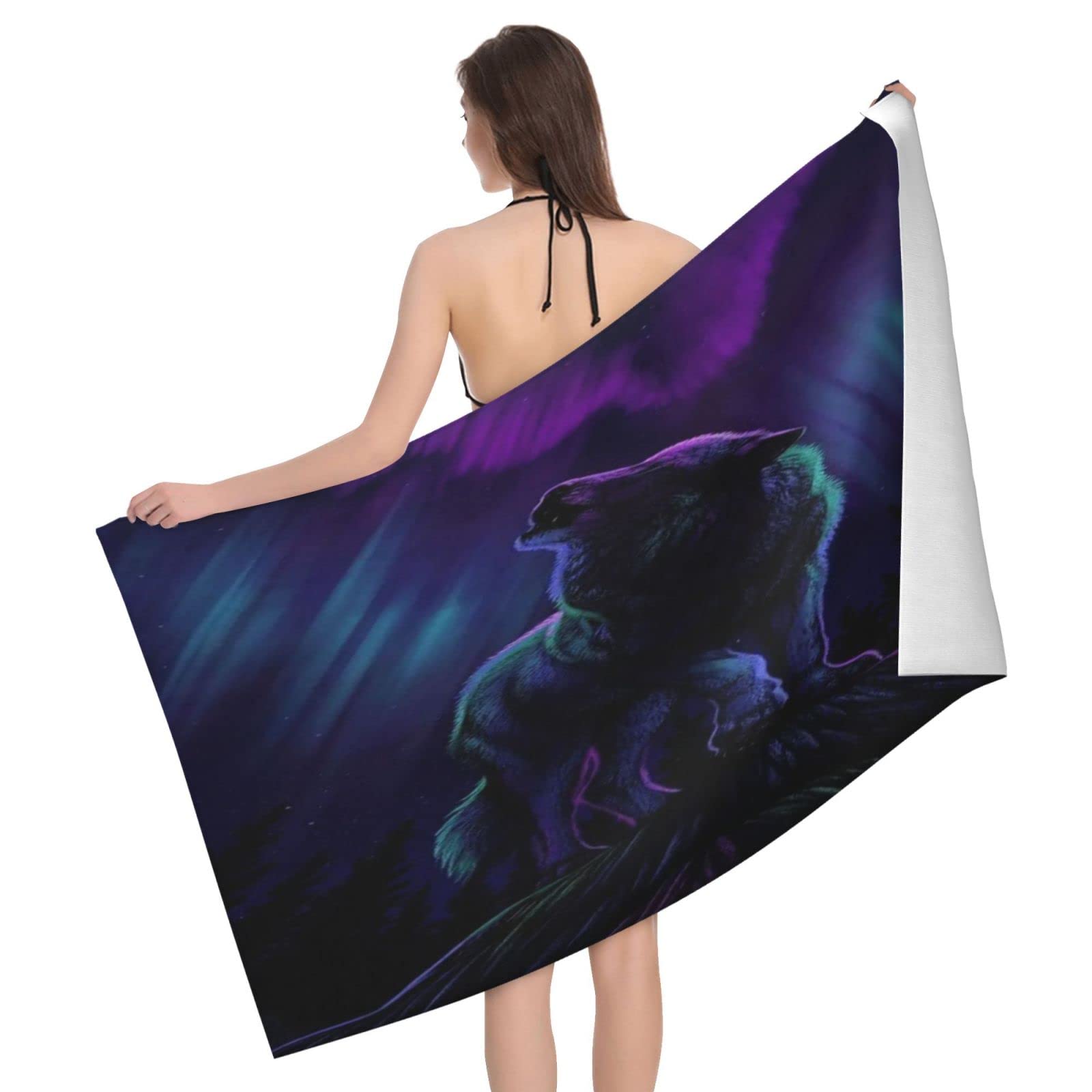 Lawenp Wolf in The Northern Lights Beach Towel, Lightweight Sand Free Quick Dry Microfiber Absorbent Bath Towel for Kids, Adults, Swimming, Bath, Yoga, Pool, Travel, Camping 32"X52"