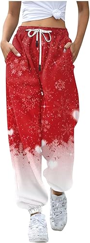 Pijama cónico de Navidad para mujer, cónico, clásico, delgado, con bolsillos, estampado de cintura alta, pantalones deportivos cómodos
