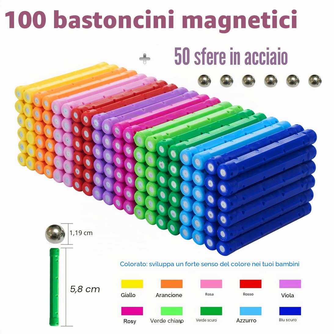Beicarin 150 bastoncini magnetici da costruzione, per giocattoli educativi, magnetici, blocchetti magnetici, bastoncini, impilabili, per bambini e adulti