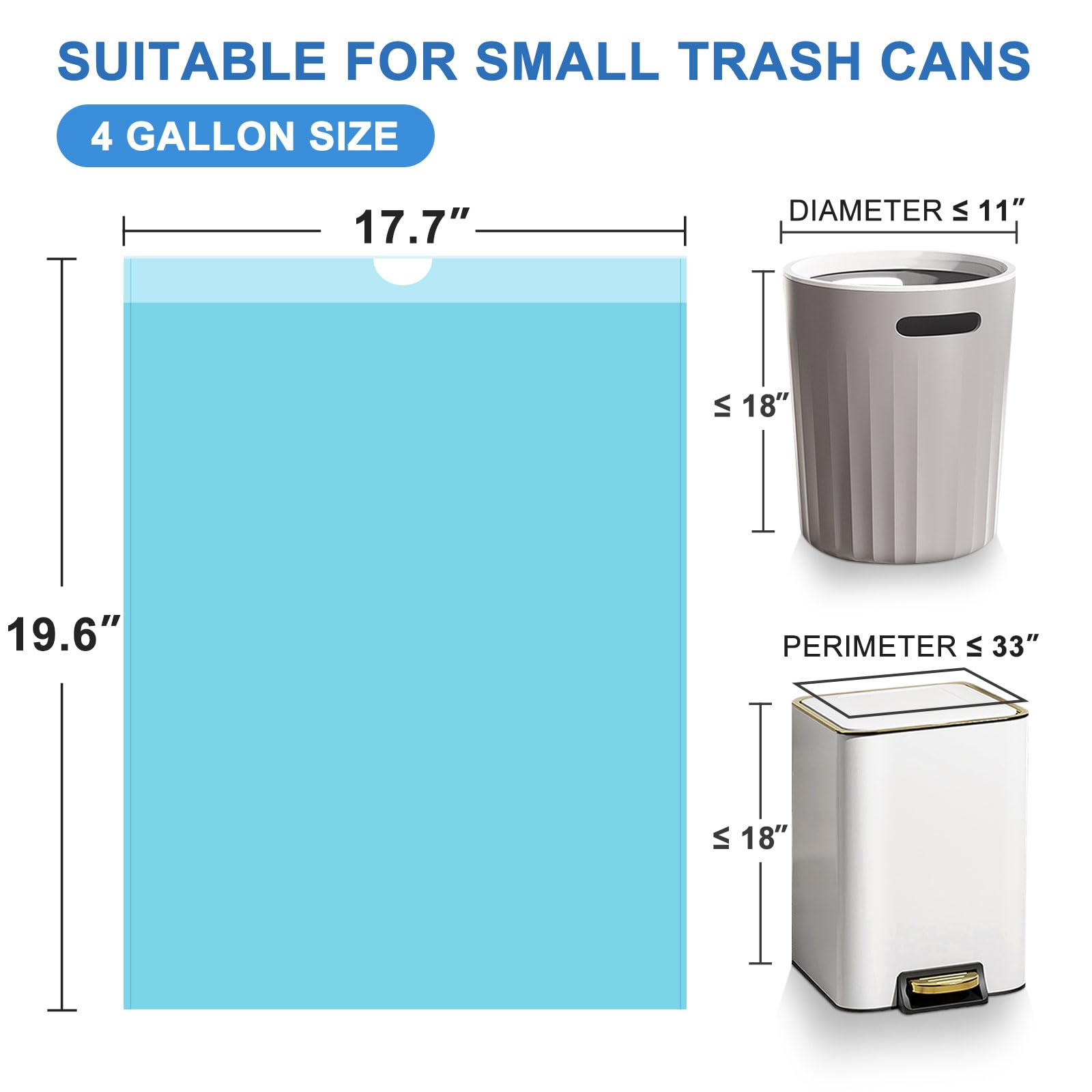 Bolsas de basura biodegradables de 4 galones, bolsa de basura con cordón, fácil de separar, reciclaje, gruesas, resistentes, para cocina, dormitorio, baño, oficina (100 unidades, azul)