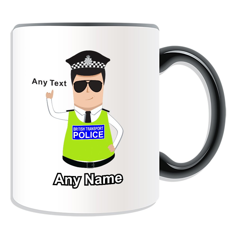 Unigift Black Personalised Gift - British Transport Police Mug (Police Design Theme, Colour Options) - Any Name/Message On Your Unique - Btp - Dark/ Hair Policeman Hat Cap