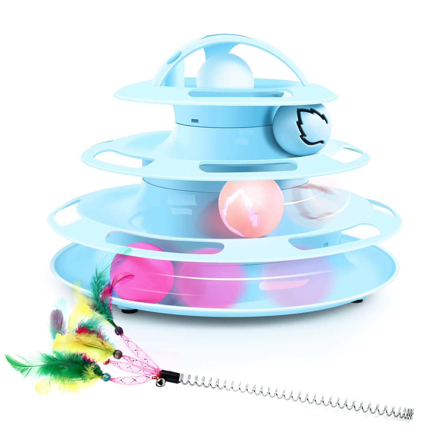 Pecute Giocattoli per Gatti, Gioco Interattivo Giochi Gatto kit, Giochi per Gatti Traccia Antiscivolo e Removibile per Gatti 4 Strati 4 Palle, con Catnip e Bacchetta da Gioco(Blu)