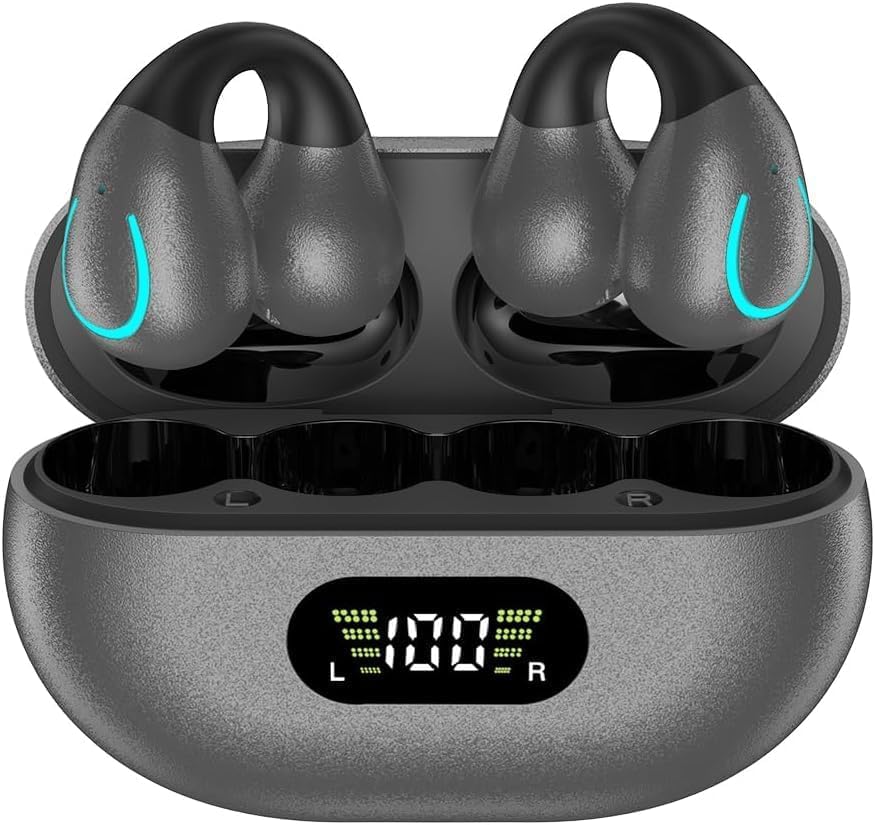 NUPLEAOpen Ear Bone Conduction Headphones Clip-on Headphones,Wireless Earbuds Bluetooth 5.3 with LED Display Charging Case 60 Hours Playtime IPX7 Waterproof for Running Walking, Workout(Grey)