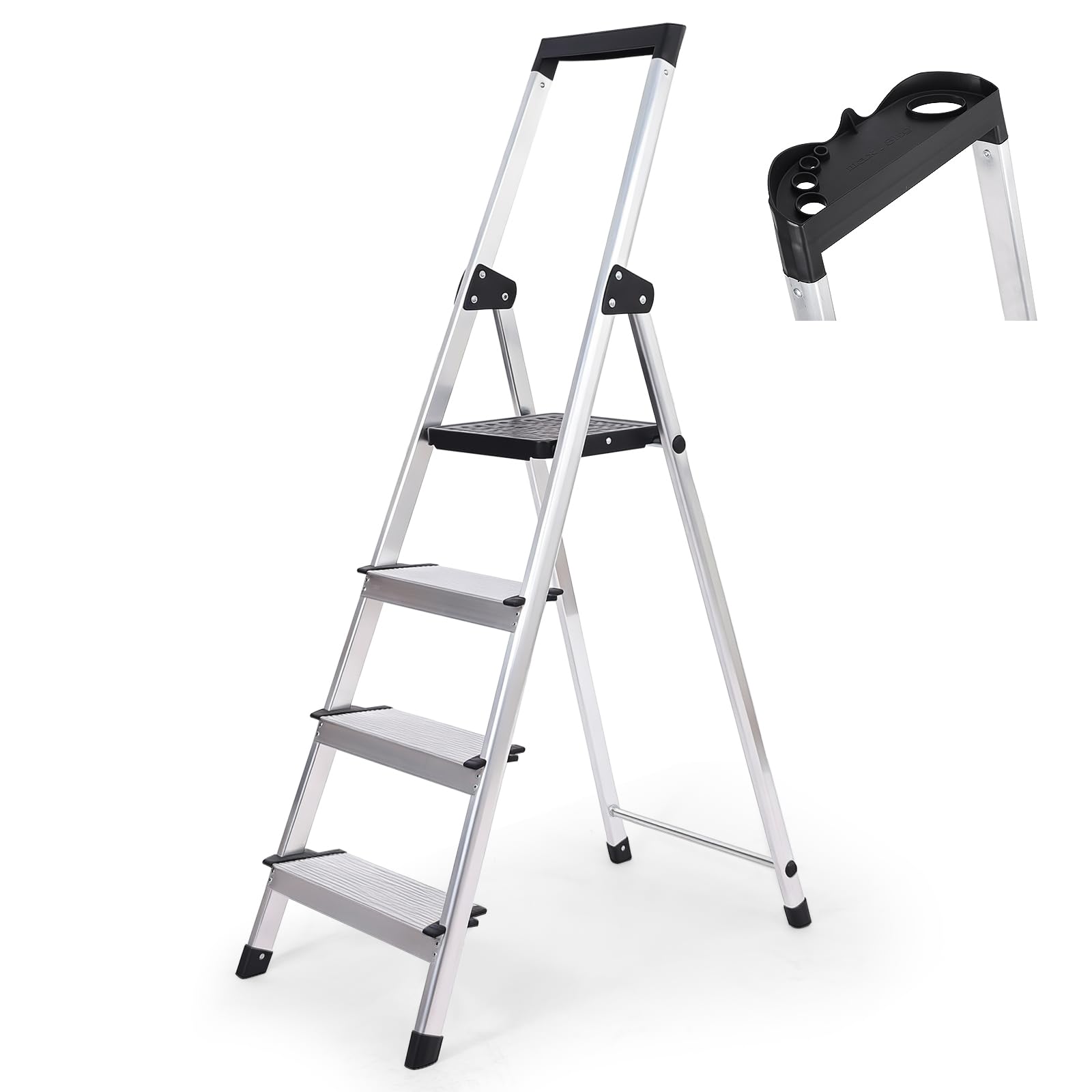 Sekey Escalera de Aluminio 4 Peldaños 140 cm, Plegable con Bandeja Portaherramientas, Peldaños Antideslizantes, Soporta hasta 150 kg, Certificada TÜV EN131-2, para Hogar, Garaje y Jardín
