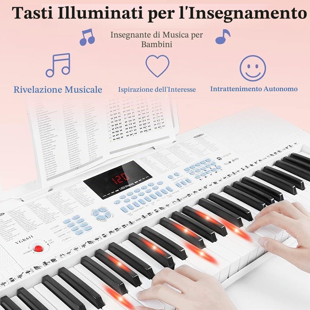 Vangoa tastiera pianola 61 mini tasti luminosi Tastiera per pianoforte elettronico con microfono, 3 modalità di insegnamento, 350 toni, 350 ritmi, 30 demo, bianco