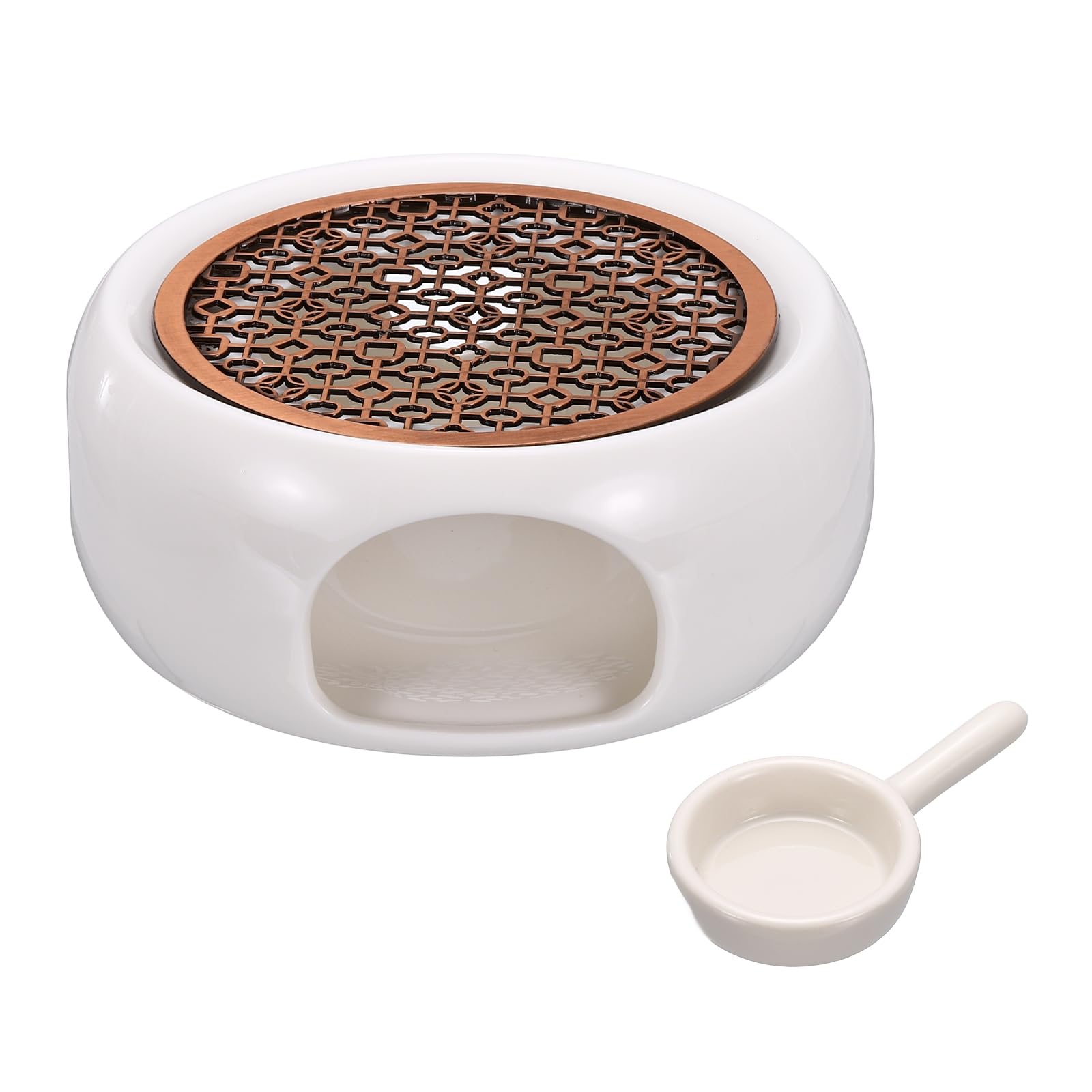 sourcing map Calentador de tetera de cerámica, calentador de té de cerámica con almohadilla de aleación, soporte para velas de té para calentar café, leche, agua, resistente al calor, diseño de 3