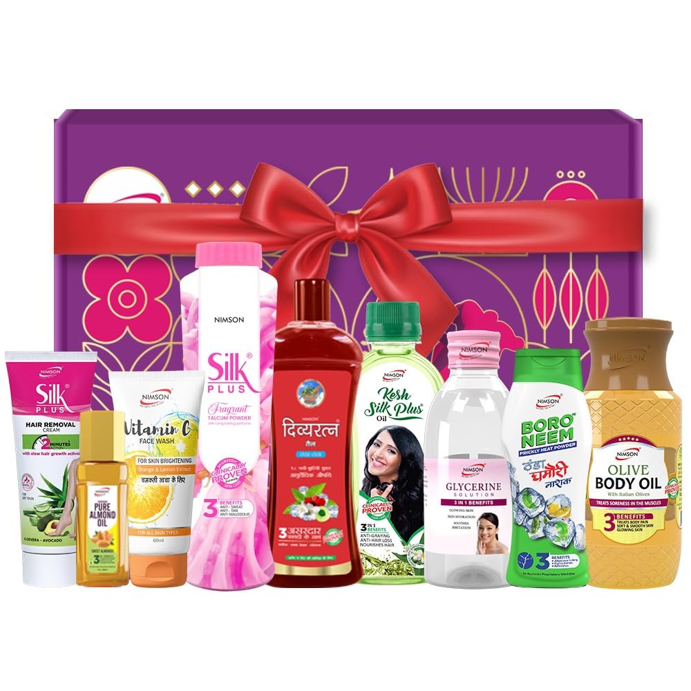 Nimson Body & Face Care Gift Set With Glycerine, Hair Cream, Hair Oil, Face Wash, Olive Oil,Talcum Boro Neem & Silk Plus All Occasion (9 Items in the set)-image-19